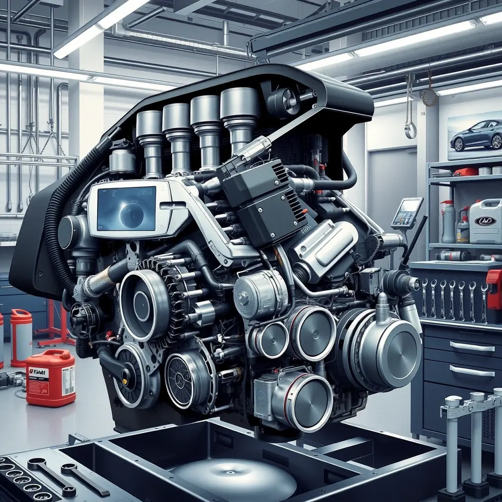 A detailed high-resolution illustration of a Lexus LS 3.5 L V6 hybrid engine being overhauled in a clean workshop, showing the engine block, pistons, cylinder head, hybrid battery module, and surrounding mechanic tools such as wrenches, diagnostic scanner, and oil cans, with realistic lighting, metallic textures, and a professional automotive environment.