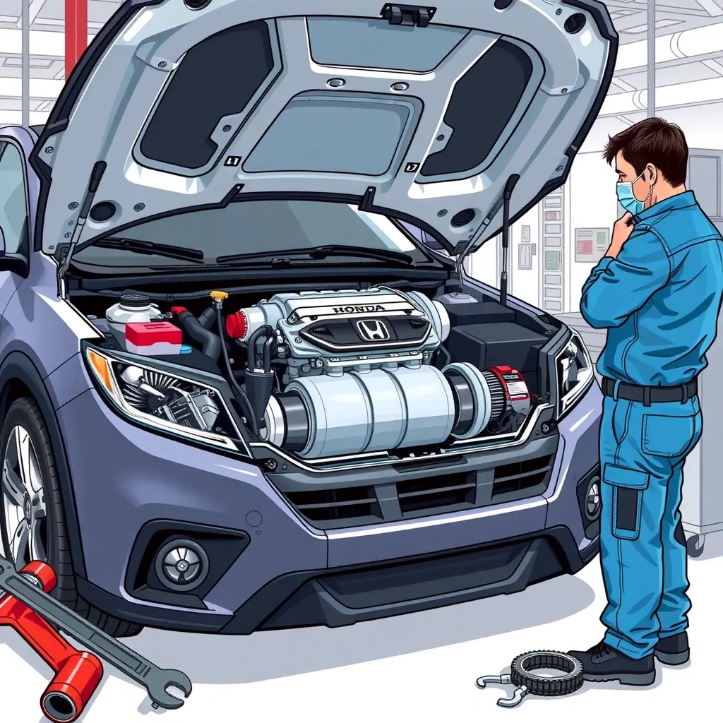 A detailed, realistic illustration of a mechanic repairing the engine of a 2021 Honda HR-V 2.0 Hybrid, showing the open hood with visible engine components such as the hybrid battery pack, turbocharger, and timing chain, surrounded by professional automotive tools like wrenches and diagnostic equipment, set in a clean workshop environment with bright lighting and a focus on the engine details.