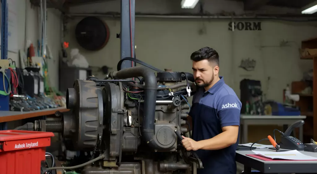 A high-resolution horizontal photo of a skilled mechanic in a well-lit workshop, working on a large Ashok Leyland engine. The scene includes a variety of mechanical tools, engine parts, and a phone on a nearby table, but no visible text, letters, or digits. The focus is on the engine, the mechanic's hands, and the tools, with a clean, professional atmosphere.