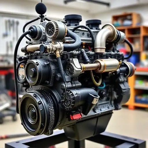 A detailed, high-quality image of a Mahindra Thar 2.2 diesel engine undergoing a major overhaul. The engine should be prominently displayed, showcasing various components like the turbocharger, fuel injection system, and exhaust manifold. The background should be a clean, well-lit workshop environment with tools and equipment visible but not distracting from the engine. Focus on mechanical precision and cleanliness.