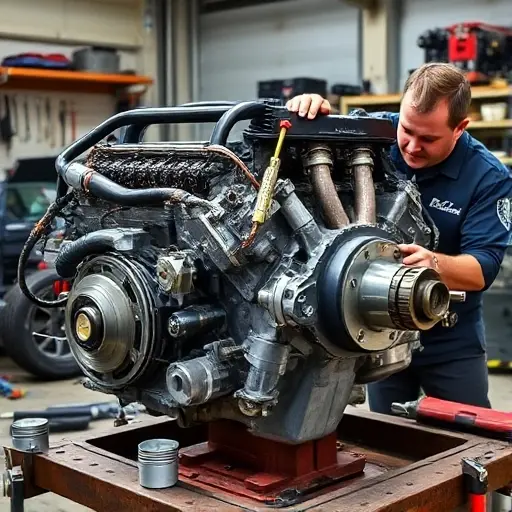 A detailed workshop scene showing a mechanic carefully disassembling a V6 engine from a Cadillac ATS, with visible engine block, pistons, crankshaft, and tools such as wrenches and screwdrivers scattered around. The setting is a well-lit garage with a workbench, engine parts neatly arranged, and a focus on the mechanical precision of the repair process.