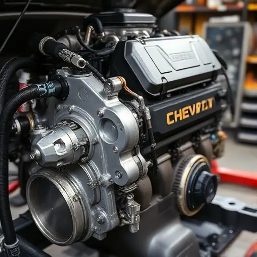 A detailed, high-quality image of a Chevrolet Suburban 6.2 V8 engine undergoing a major repair. Focus on the engine block, visible components, and tools being used. The scene should be in a well-lit workshop environment.