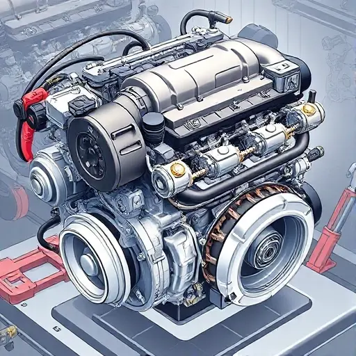 A detailed illustration of a Changan CS35 Plus 1.4 Turbo engine undergoing a major repair. Focus on the engine block, turbocharger, and surrounding components. Show tools and technicians working on the engine.