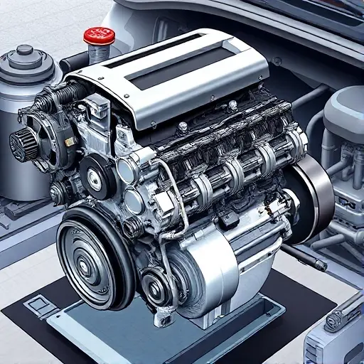 A detailed illustration of a Ford Mondeo 2.0 EcoBoost engine undergoing a major repair. The engine should be partially disassembled, revealing internal components. Focus on the mechanics and tools involved in the repair process.