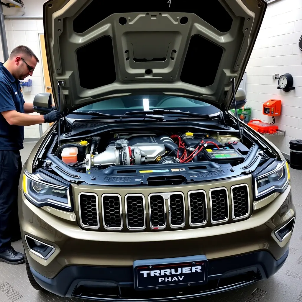 A detailed, high-resolution scene of a mechanic in a clean garage working on the engine of a Jeep Grand Cherokee PHEV with a 2.0 Turbo engine and its electric motor. The open hood reveals the turbocharger, wiring, and electric motor components, with tools and diagnostic equipment neatly arranged. The Jeep's distinctive front grille and badge are visible, but no text or logos are displayed on the image.