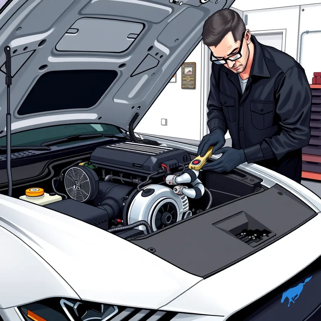 A detailed, high‑resolution illustration of a mechanic in a clean garage working on the 2.3 L EcoBoost engine of a 2024 Ford Mustang. The car's hood is open, revealing the turbocharged engine block, intake manifold, and wiring. The mechanic wears a dark shirt, gloves, and safety glasses, using a wrench and diagnostic scanner. The scene is well‑lit, focusing on the engine components, tools, and the Mustang badge subtly visible on the car body, with no text or logos in the image.