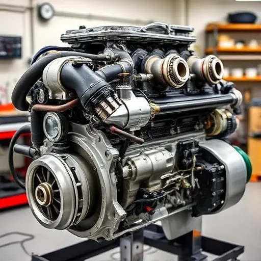 A detailed, high-quality image of a Bugatti EB110 3.5 L V12 Quad Turbo engine undergoing a major overhaul. The engine should be partially disassembled, revealing intricate components and mechanical details. Focus on the engine block, turbochargers, and various parts being inspected or repaired. The background should be a clean, well-lit workshop environment.