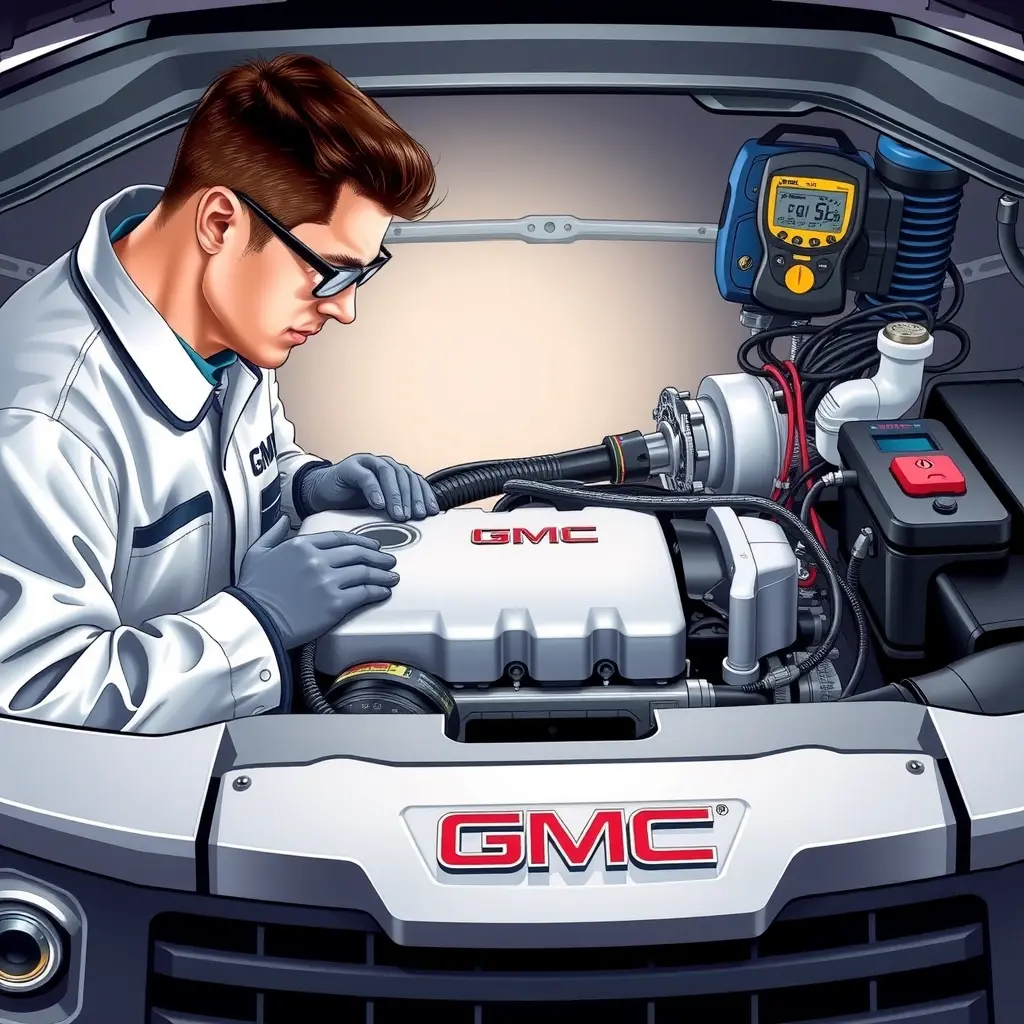 A detailed high-resolution illustration of a mechanic repairing the 2.0 L turbocharged engine of a GMC Terrain (2018‑present) inside the vehicle's engine bay. The scene shows the engine components, turbocharger, wiring harnesses, and diagnostic tools such as a scan tool, wrenches, and a torque wrench. The mechanic wears a clean uniform, safety glasses, and gloves, focusing on the engine block. Bright realistic lighting highlights metallic surfaces and the GMC badge on the engine cover.