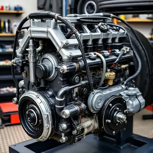 A detailed, high-quality image of a Land Rover Defender PHEV engine undergoing a major repair. Focus on the engine block, visible components, and tools being used. The scene should be in a well-lit workshop environment.