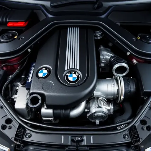 A detailed, high-quality image of a BMW 1er F20 3.0L 326 hp engine bay. Focus on the engine components, showcasing the engine block, turbocharger, intake manifold, and other relevant parts. The lighting should be realistic, highlighting the textures and details of the metal and plastic components.