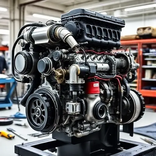 A detailed, high-quality image of a Hongqi L5 6.0 V12 engine undergoing a major repair. The engine should be prominently displayed, showcasing its complex components and intricate details. Focus on the mechanics of the repair, with tools and parts scattered around the engine bay. The background should be a clean, well-lit workshop environment.