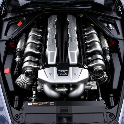 A detailed, high-quality image of the engine bay of a Aston Martin DB9 5.9L V12. Focus on the engine itself, showcasing the intricate details of the V12 engine, including the cylinders, exhaust manifolds, and other components. The engine should be well-lit, highlighting its metallic surfaces and complex design.