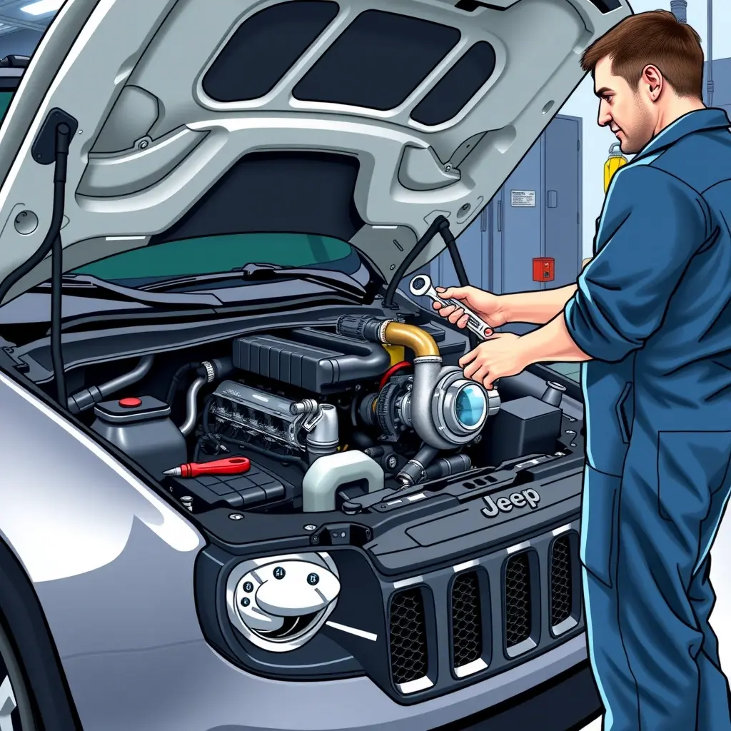 A realistic, high-detail illustration of a mechanic repairing the 1.3 Turbo engine of a 2014 Jeep Renegade in a workshop. The engine bay is open, showing the turbocharged 1.3 L engine with bolts, hoses, and diagnostic tools, while the mechanic in coveralls uses a wrench. The scene is clean, well‑lit, focusing on the engine components and the repair process.