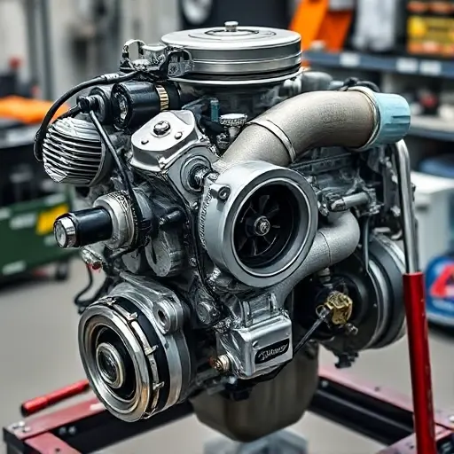 A detailed, high-quality image of a Jetour X70 1.5 Turbo engine undergoing a major repair. Focus on the engine block, turbocharger, and surrounding components. Show tools and technicians working on the engine.