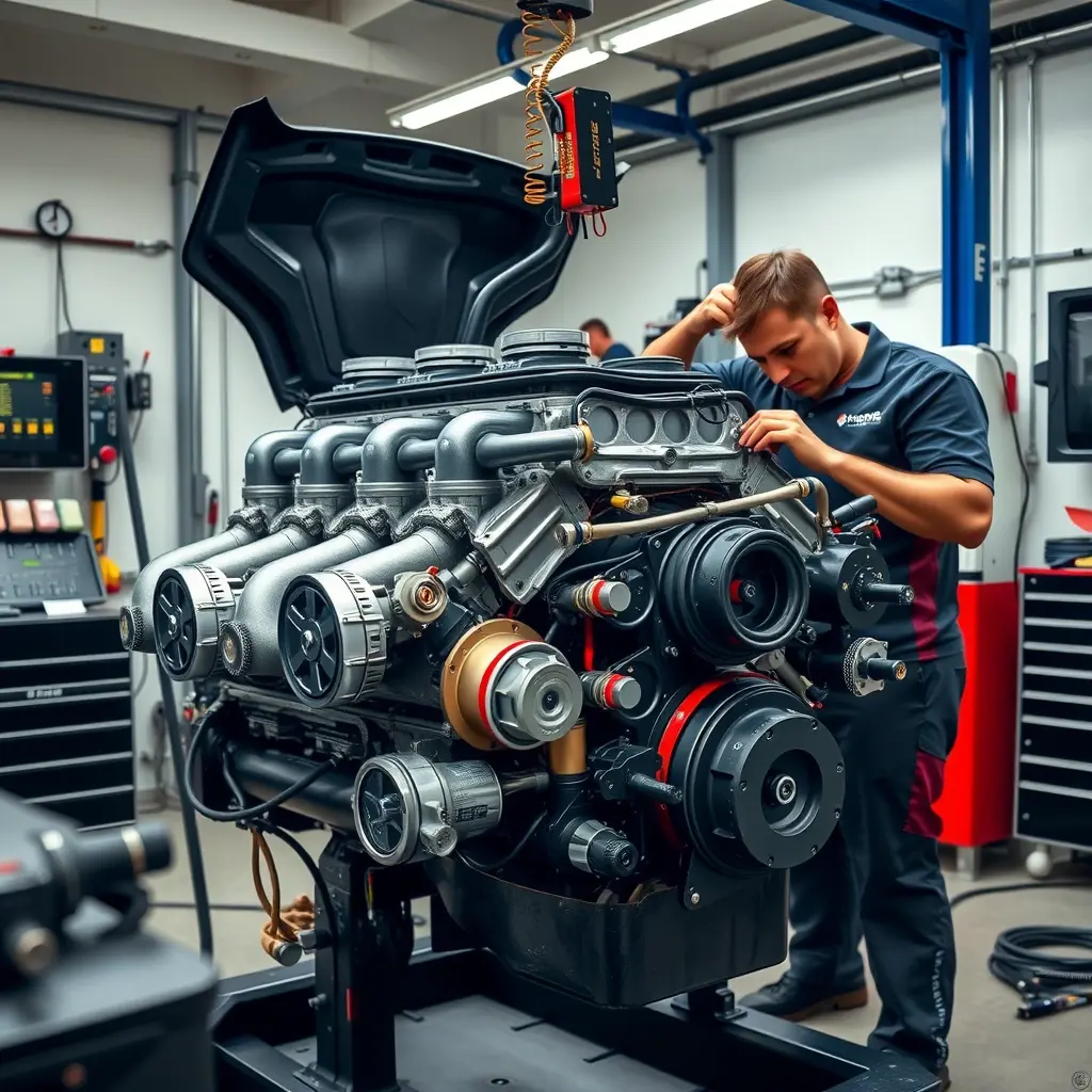 A highly detailed, realistic scene of a professional mechanic in a clean garage working on a Gumpert Tornante 4.2 L V8 twin‑turbo engine, with the engine block exposed, turbochargers, pistons, and high‑performance components visible, surrounded by precision tools and diagnostic equipment, captured in HD‑HQ quality