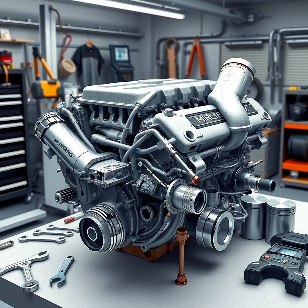 A high-detail, realistic illustration of a Ford Mustang 2.3 EcoBoost engine being disassembled for a major overhaul. Show the engine block, turbocharger, intake manifold, and pistons spread out on a clean workshop bench with professional mechanic tools (wrenches, torque wrench, diagnostic scanner) arranged around it. Emphasize the metallic textures, oil stains, and precision of the components, captured in a bright, well-lit garage environment.