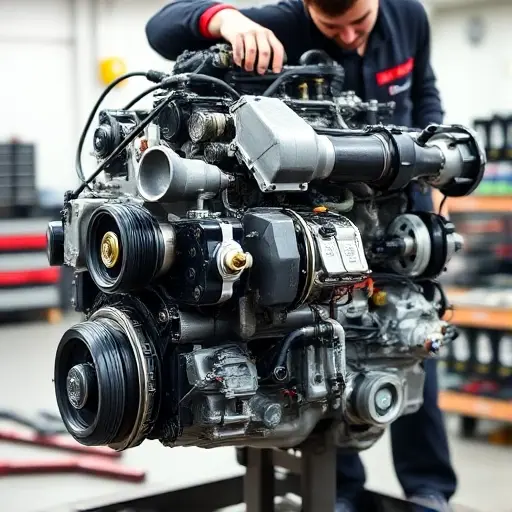 A detailed, high-quality image of a Fiat 500X 1.0 FireFly 120 hp engine undergoing a major repair. The engine should be partially disassembled, showcasing the internal components. Focus on the engine block, cylinder head, and various parts being worked on by a mechanic. The background should be a clean, well-lit workshop environment.