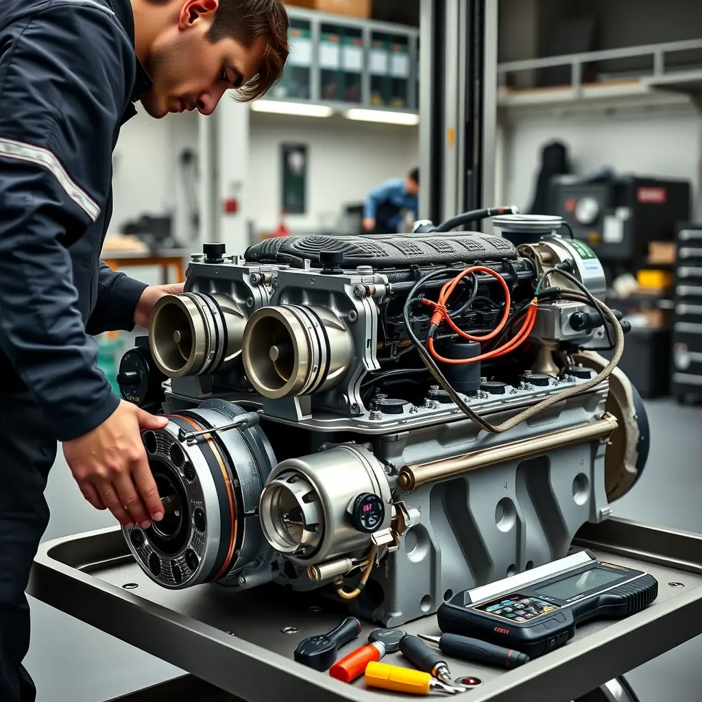 A detailed, high-resolution scene of a professional mechanic in a clean workshop, focused on repairing the 4.4L V8 engine of a 2022 Range Rover. The engine is open, showing pistons, turbochargers, and wiring, with tools like wrenches and diagnostic equipment laid out on a metal tray. The mechanic wears a dark jumpsuit and gloves, concentrating on the engine block. The lighting highlights the metallic surfaces and the intricate components, emphasizing the technical nature of the repair.