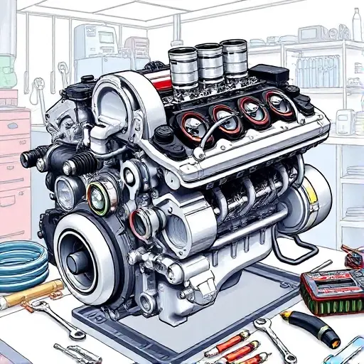 A detailed illustration of a BMW 5er E34 1.8L 113 hp engine undergoing repair. The engine should be partially disassembled, showing various components like the cylinder head, pistons, and connecting rods. Tools such as wrenches, screwdrivers, and diagnostic equipment should be present around the engine. The background should be a clean, well-lit workshop environment.