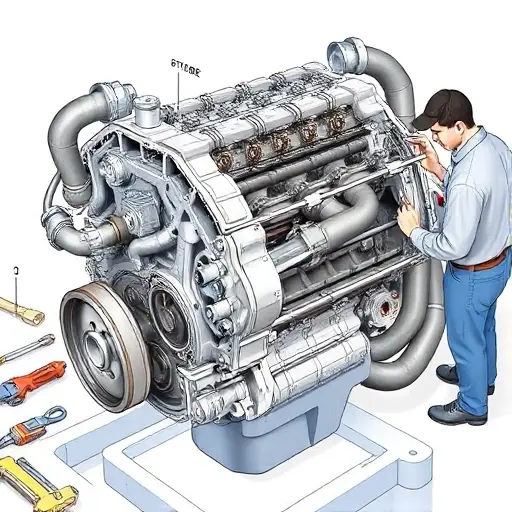 A detailed illustration of a Hyundai Palisade 2.2 diesel engine undergoing a major repair. Focus on the engine block, exhaust system, and surrounding components. Show tools and technicians working on the engine.