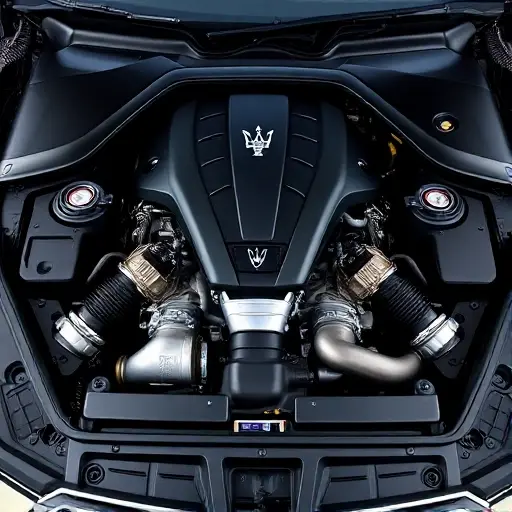 A detailed, high-quality image of the engine bay of a Maserati Levante 3.0 V6 Twin Turbo. Focus on the engine components, showcasing the intricate details of the engine, turbochargers, and exhaust system. The lighting should be realistic, highlighting the metallic surfaces and engine parts.