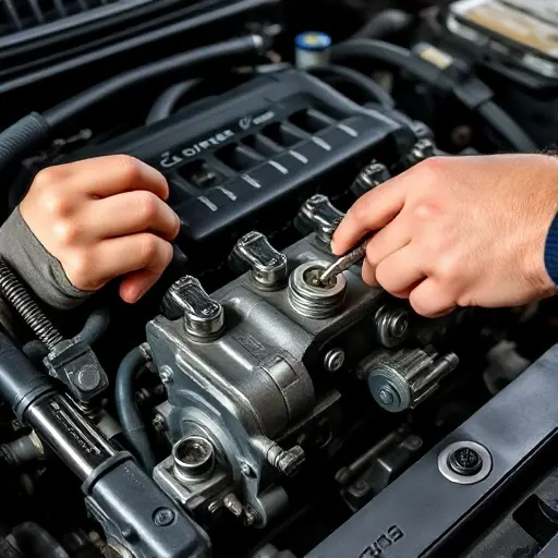 A detailed close-up of a mechanic's hands working on a Citroën DS3 1.6 VTi engine, showing the engine block, pistons, and tools such as a wrench and screwdriver, with a clean workshop background, no text or logos