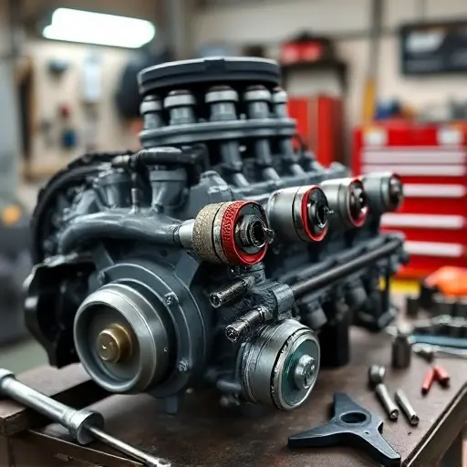 A detailed workshop scene showing a mechanic repairing a Chevrolet Silverado 1500 3.0 Duramax Diesel engine. The engine is partially disassembled on a workbench, with visible pistons, crankshaft, and oil filter. Tools such as a wrench, socket set, and torque wrench are scattered around. The background shows a garage with a work light and a toolbox. The focus is on the mechanical parts, with realistic lighting and depth of field.