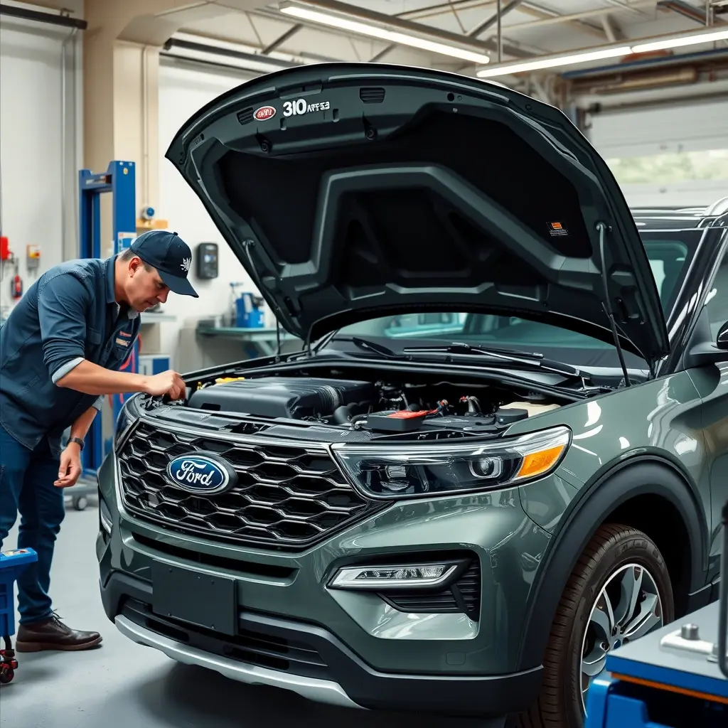A detailed, high-resolution scene of a mechanic in a modern garage working on the engine of a 2020 Ford Explorer Hybrid 3.3L, showing the open engine bay with visible components, tools, and diagnostic equipment, emphasizing the technical aspects of engine repair without any brand logos or text.