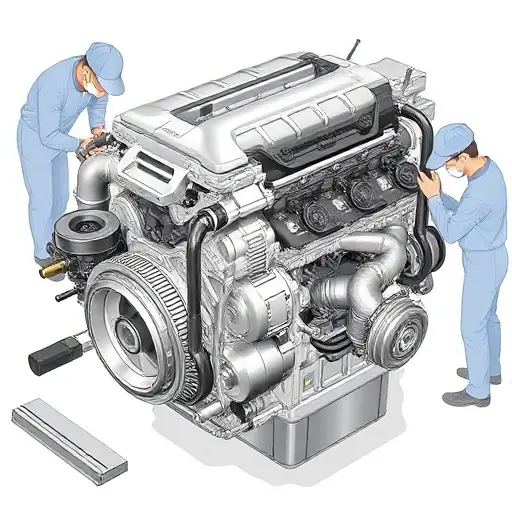 A detailed illustration of a Jeep Grand Cherokee PHEV 2.0 Turbo engine undergoing a major repair. Focus on the engine block, turbocharger, and associated components. Show tools and technicians working on the engine.