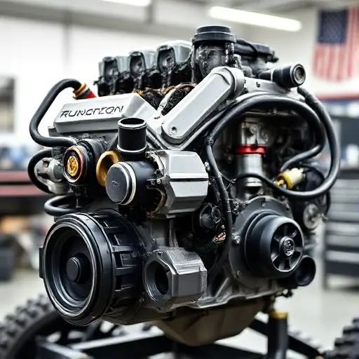 A detailed, high-quality image of a Jeep Wrangler Rubicon 392 6.4 V8 47 engine undergoing a major repair. The engine should be prominently displayed, showcasing the intricate components and mechanics. Focus on the engine block, cylinder heads, and visible parts of the internal workings. The background should be a clean, well-lit workshop environment.