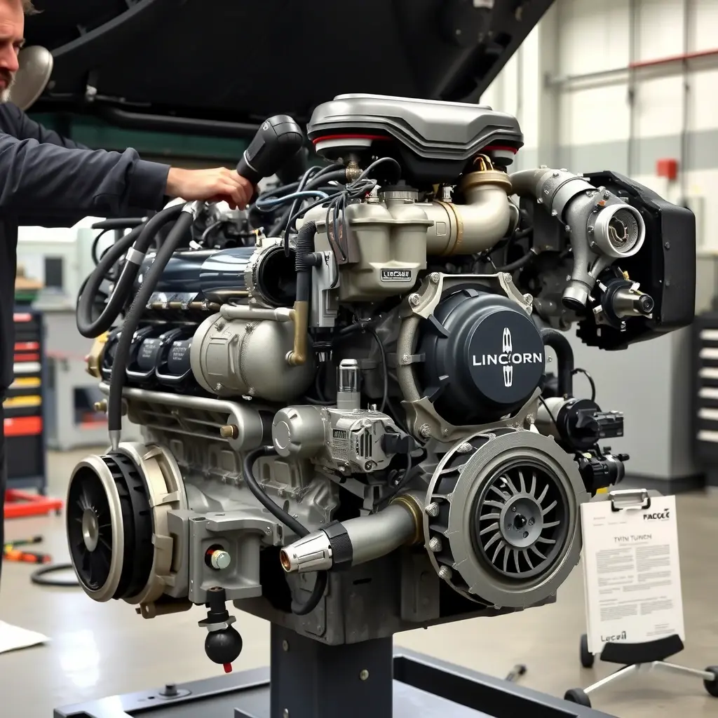 A detailed high-resolution scene of a professional mechanic in a clean garage repairing the 3.0 L V6 twin-turbo engine of a Lincoln Aviator. The engine block, turbochargers, and wiring are exposed, with diagnostic tools, a torque wrench, and a service manual on a stand. Soft industrial lighting highlights the metallic surfaces, and the Lincoln logo on the engine is visible. The focus is on the mechanical work, no faces or text.