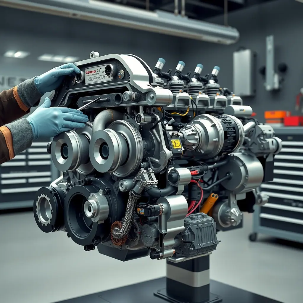 A high-detail, photorealistic illustration of a Koenigsegg Gemera hybrid 2.0T engine undergoing a complete overhaul. The engine block is open, showing pistons, turbocharger, electric motor components, and wiring. A mechanic's gloved hands are using precision tools to inspect and replace parts. The scene is set in a clean, well-lit garage with a metallic workbench, tool trays, and subtle reflections on the engine surfaces. Emphasize the intricate mechanical details, metallic textures, and the blend of combustion and electric elements, all rendered in ultra‑high definition.