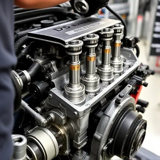 A close-up of a DS 4 E Tense PHEV 2021 engine being repaired by a mechanic, showing the engine block, pistons, and tools such as wrenches and a torque wrench, with a clean workshop background and no visible text or logos