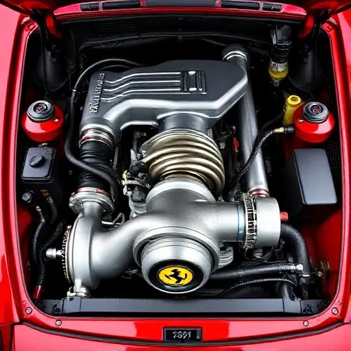 A detailed, high-quality image of the engine bay of a Ferrari Portofino 3.9 V8 Turbo 600. Focus on the engine components, showcasing the turbocharger, exhaust system, and other mechanical parts. The engine should be well-lit, highlighting the intricate details.