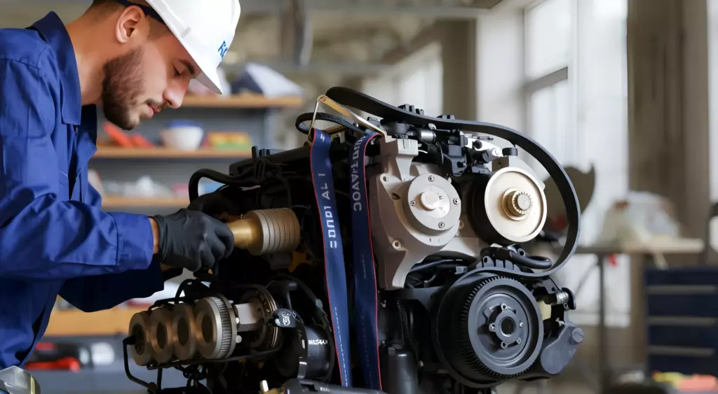 A mechanic in a well-lit automotive repair shop, focused on a disassembled engine of a Baojun vehicle, surrounded by tools and parts, with a clean, professional atmosphere.