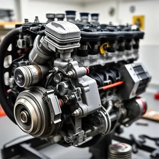 A detailed, high-quality image of a Fiat 500X 1.3 Turbo 150 hp (2018–) engine undergoing a major repair. The engine should be shown partially disassembled, revealing various components like the turbocharger, pistons, and connecting rods. Focus on the mechanics of the repair, with tools and parts scattered around. The background should be a clean, well-lit workshop environment.