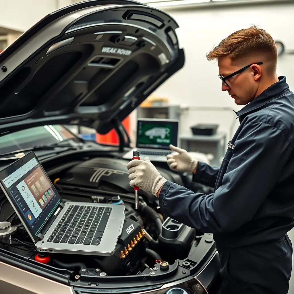 A detailed, high-resolution scene of a professional mechanic in a clean workshop, focused on repairing the 3.0L I6 MHEV engine of a 2022 Range Rover. The engine bay is open, showing the intricate components, with diagnostic tools, a torque wrench, and a laptop displaying engine schematics. The mechanic wears a branded coverall, safety glasses, and gloves, carefully inspecting the engine block. Soft studio lighting highlights the metallic surfaces and the polished interior of the vehicle, emphasizing the precision and technical nature of the repair.