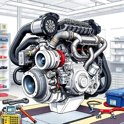 A detailed illustration of a BMW 5er E60/E61 535d engine undergoing a major repair. The engine should be prominently displayed, showcasing various components like the turbocharger, exhaust manifold, and engine block. Tools such as wrenches, screwdrivers, and diagnostic equipment should be visible around the engine. The background should be a clean, well-lit workshop environment.