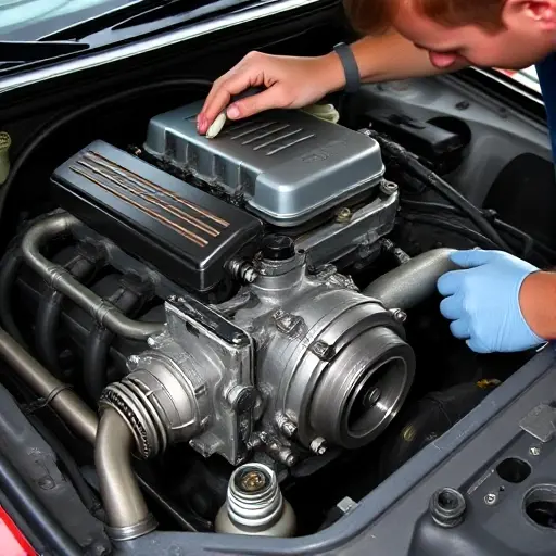 A detailed close-up of a mechanic working on a Chrysler PT Cruiser 2.4L Turbo engine, showing the engine block, turbocharger, and surrounding tools in a workshop setting, with a focus on the mechanical parts and tools, no text or digits.