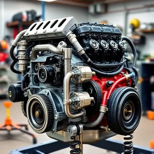 A detailed, high-quality image of a Ford Mustang GT500 5.2 V8 Predator engine undergoing a major overhaul. The engine should be partially disassembled, revealing intricate components like the Predator engine block, cylinder heads, and various internal parts. Focus on the mechanical details and the process of repair. The background should be a clean, well-lit workshop environment.