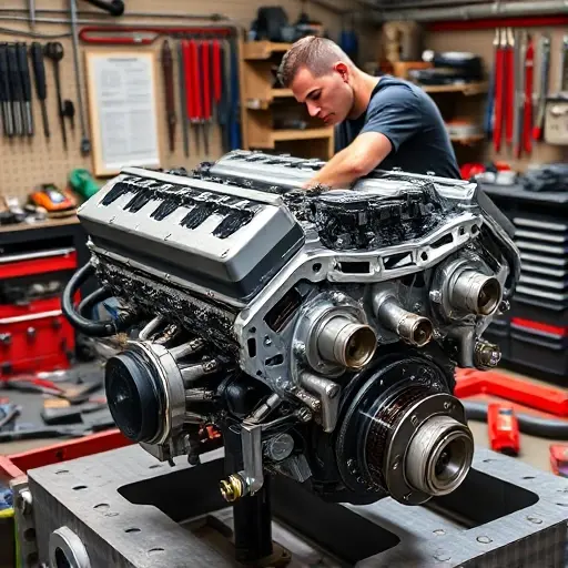 A detailed workshop scene showing a skilled mechanic repairing a Buick GL8 2.0T 260 hp engine, with the engine disassembled on a workbench, tools scattered around, a close-up of the cylinder head, pistons, and turbocharger, all in a realistic style, no text or lettering