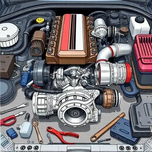 A detailed illustration of a Great Wall Wingle 7 2.0 Turbo diesel engine undergoing a major repair. Focus on the engine block, turbocharger, and associated components. Show tools and parts scattered around the engine bay, indicating the repair process. The image should convey a sense of technical precision and mechanical work.