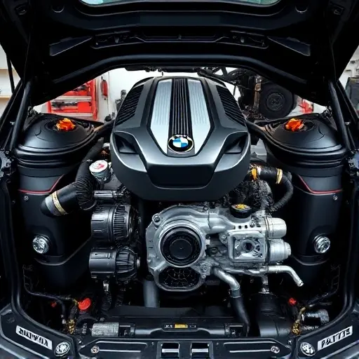 A high-detail illustration of a BMW X7 engine bay showing a major overhaul, with the 4.4L V8 530 horsepower engine partially disassembled, tools and engine components visible, clean and professional workshop background, emphasizing precision and mechanical expertise