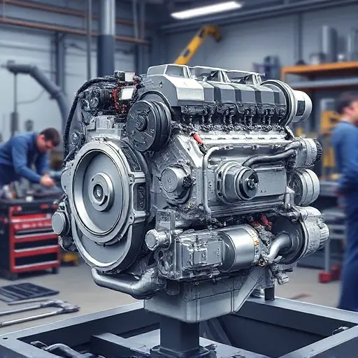A detailed illustration of a Galaxy L7 PHEV engine undergoing a major repair. The image should focus on the engine block, showcasing the 1.5T engine and the electric motors. Tools and technicians working on the engine should be subtly visible in the background. The overall scene should convey precision and technical expertise.