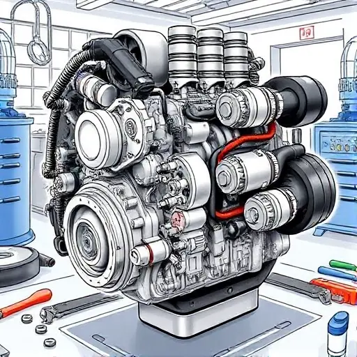 A detailed illustration of a Ford Fiesta ST 1.5 EcoBoost engine undergoing a major repair. The engine should be partially disassembled, showing various components like pistons, connecting rods, and the turbocharger. Tools such as wrenches, screwdrivers, and diagnostic equipment should be visible around the engine. The background should be a clean, well-lit workshop environment.