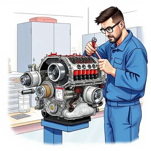 A detailed illustration of a mechanic repairing the 1.3 Multijet engine of a Fiat Tipo (2015‑present) in a workshop. Show the engine block opened, with visible pistons, fuel injectors, and turbocharger. The mechanic wears a blue jumpsuit and safety glasses, using a wrench and diagnostic tool. The background includes a clean workbench, tool cabinet, and subtle lighting highlighting the engine components. No text, logos, or unrelated vehicles.