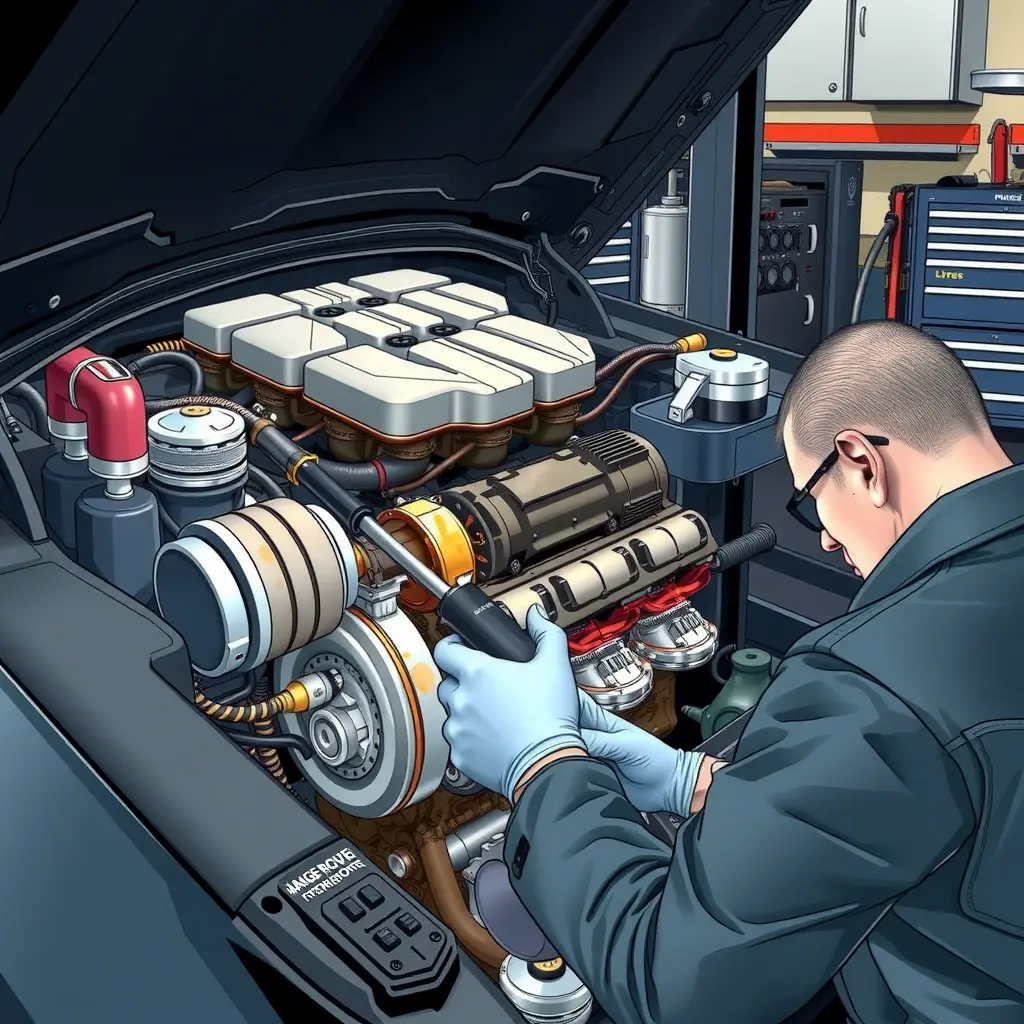 A detailed, high-resolution illustration of a mechanic's workshop focusing on the open engine bay of a 2022 Range Rover Sport 3.0 I6 MHEV 400 hp. The engine components are exposed, showing pistons, turbocharger, wiring harnesses, and the hybrid system. The mechanic, wearing a clean uniform and gloves, is using specialized tools to inspect and repair the engine. The scene is well-lit with realistic lighting, emphasizing metallic textures, oil stains, and the precision of the repair work. The background includes workshop equipment like tool cabinets and a service lift, but no visible text, logos, or brand markings.