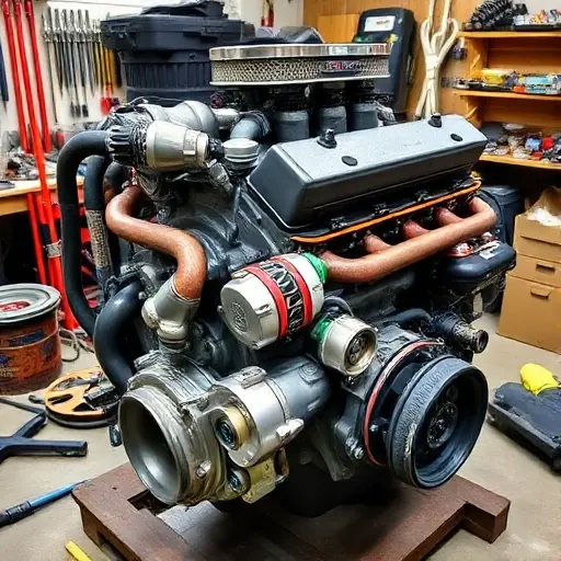A detailed, high-quality image of a heavily modified Invicta S1 6.0 V8 500 hp engine undergoing a major overhaul. The engine should be shown in a workshop setting, with various tools and parts scattered around. Focus on the engine's intricate components, highlighting the modifications made for performance.
