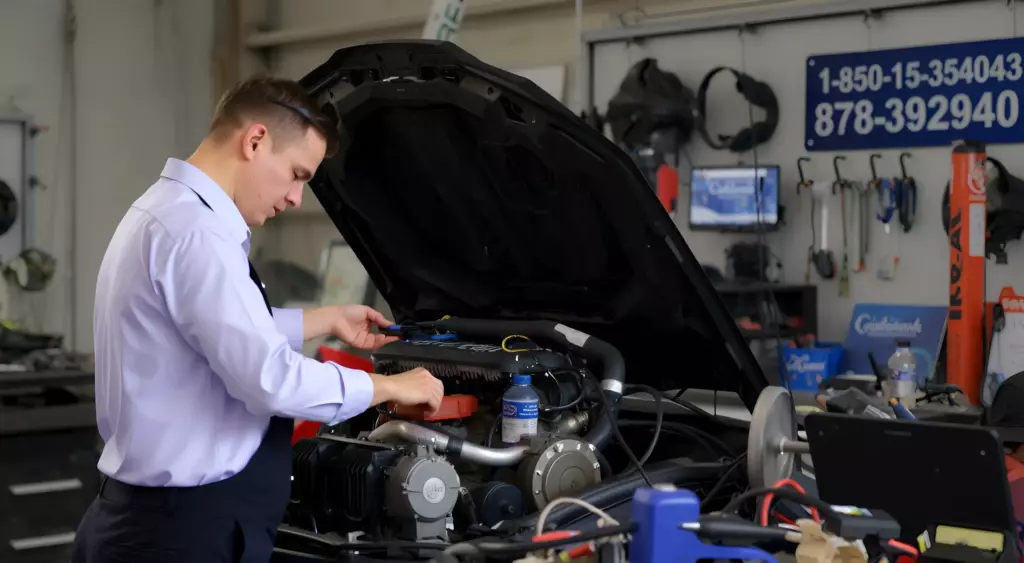 A professional automotive repair workshop scene featuring a skilled mechanic working on a car engine, surrounded by tools, engine parts, and a clean, organized workbench. The setting should convey a high-quality, detailed repair environment with subtle hints of a phone number displayed on a nearby wall or tablet, but no visible text or lettering in the image.