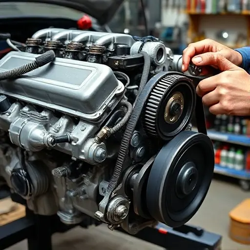 A detailed close-up of a Borgward BX3 1.4T 150 hp engine during repair, showing the engine block, cylinder head, timing belt, and a mechanic's hands holding tools, with a workshop background and organized tools on a workbench.